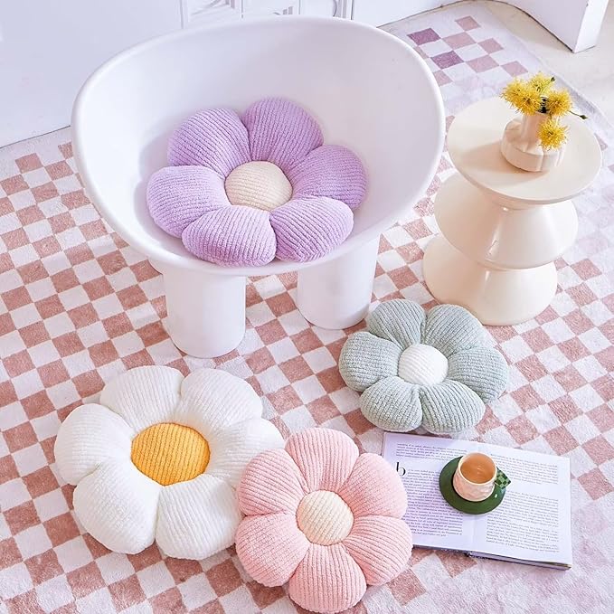 Ivory Flower Decorative Throw Pillows - Cute Daisy Shaped Plush Pillow, 14.9" Soft Floor Seat Cushion