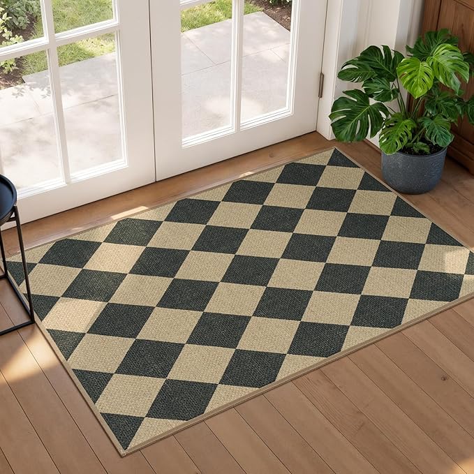 Lessymo Checkered Easy Jute Entryway Rug, 2x3 Washable Area Rug Non Slip Front Door Mat, Farmhouse Non Shed Low Pile Indoor Outdoor Carpet for Kitchen Bathroom Porch, Diamond Black/Beige