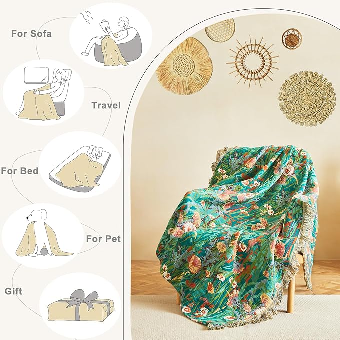 King Size Blanket for Bed Soft Cotton Spring Lightweight Quilt Floral Embroidery King Bed Blanket,90"x108" All Season Reversible Blankets for Bedroom Living Room Decor
