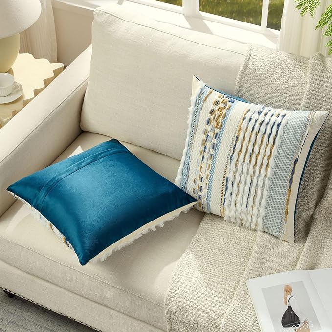 FUTEI Navy Brown Accent Throw Pillow Covers Set of 2, 18x18 Inch Plush Tufted Striped Textured Decorative Cushion Cases for Farmhouse Boho Couch Decor