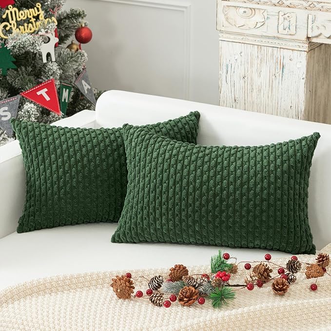 Kevin Textile 12x20 Inch Pillow Cover 1 Pack Boho Christmas Decorative Soft Striped Corduroy Lumbar Farmhouse Color Accent Rectangle Cushion Case for Living Room Couch Sofa Bed, Dark Green