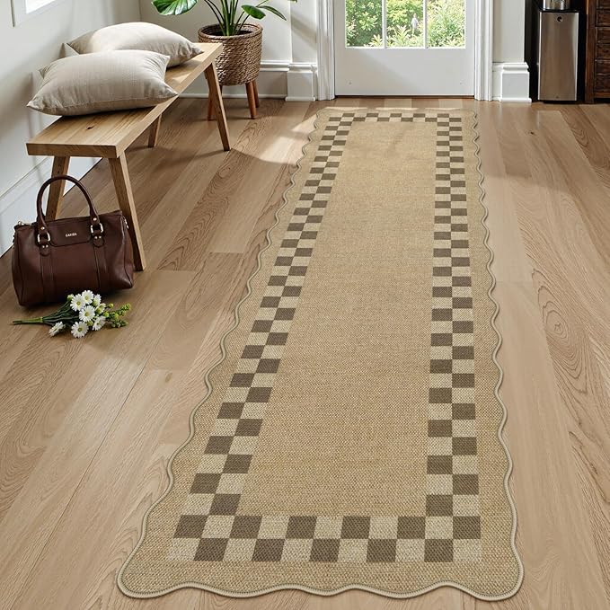 LIVEBOX Scalloped Easy Jute Checkered Runner Rug for Kitchen, Washable 2x8 Tan Rugs for Hallway Runner Entryway, Geometric Indoor Outdoor Non Slip Rug Farmhouse Modern Carpet Door Mat for Porch