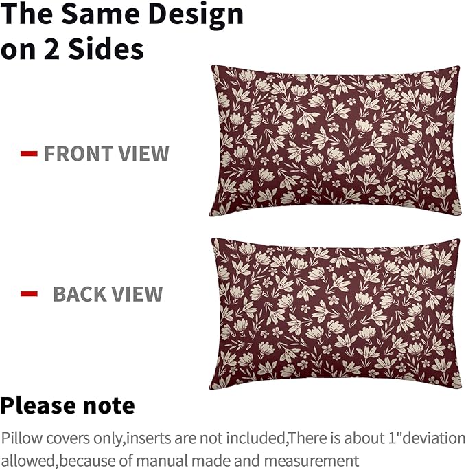 Burgundy Pillow Covers 12x20 Set of 2 Vintage Floral Rustic Old Style Cute Flower Print Rectangle Decorative Outdoor Pillowcases Seasonal Farmhouse Throw Cushion Case Couch Sofa Bed Decor