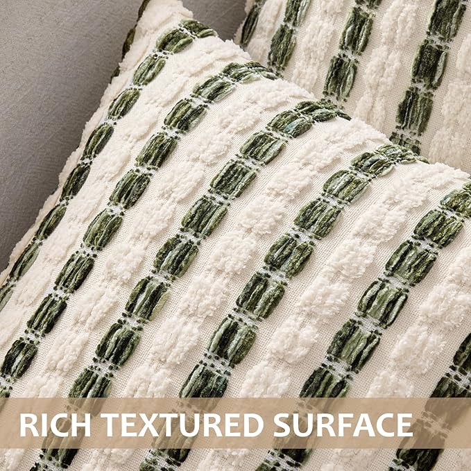 ANRODUO Boho Chenille Pillow Covers with Textured Tufted Stripes 20x20 Inch Set of 2 Woven Decorative Cushion Case Farmhouse Accent Neutral Pillowcase for Couch Sofa Bed Living Room Decor, Green White