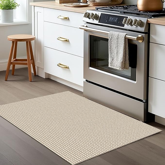 EARTHALL Woven Area Rug 2x3 Ft Washable Rugs for Entryway Braided Non Slip Throw Rugs Door Mat Indoor Outdoor Entrance Small Cotton Woven Carpet for Kitchen Foyer Front Door, Beige/Khaki