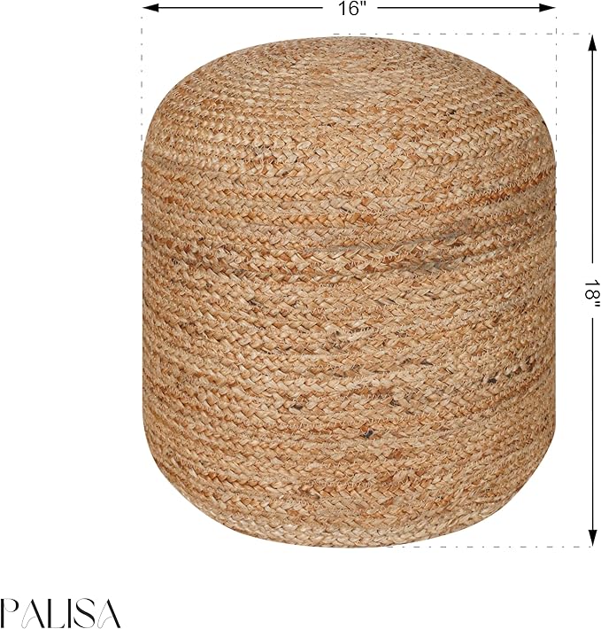 Palisa Ottoman Jute Pouf Handmade Knitted Poof Bean Bag Filling | Boho Pouffe for Living Room & Bedroom | Foot Rest Poufs for Office Home Decor (Natural, 16" D x 16" W x 18" H)