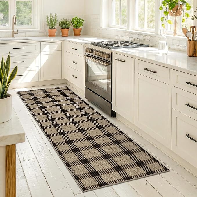 Entryway Rug Runners for Hallways Non Slip - 2x6 Jute Boho Runner Rug for Kitchen Floor, Indoor Outdoor Entrance, Hall Way, Washable No Shed Neutral Easy Jute Sisal Black and Tan Checkered Plaid