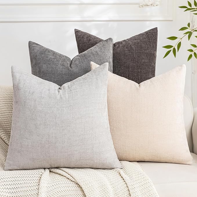 Set of 4 Soft Textured Decorative Throw Pillow Covers 18x18 Inch Cozy Farmhouse Cushion Cover Square Accent Pillow Cases for Bed Couch Sofa Living Room, Grey Series