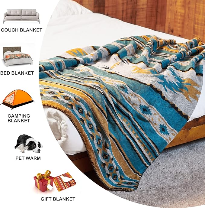 Aztec Patterned Throw Blanket with Soft Sherpa Lining 104”x90”, Traditional Southwestern Navajo Tribal Style Warm Throw for Home Decor, Light Weight Cozy Boho Blanket for Bed, Couch, Sofa, Teal