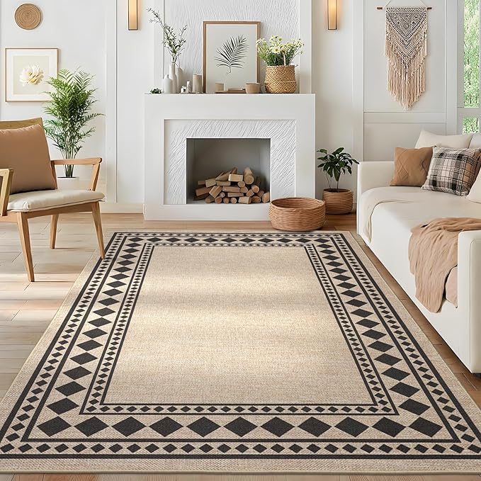 GarveeHome Solid Bordered Easy Jute Rug 5x7 Washable Jute Rugs for Living Room Patio Farmhouse Indoor Outdoor Rug Non Slip Non-Shedding Neutral Rugs for Patio Backyard Dining Room Bedroom, Natural