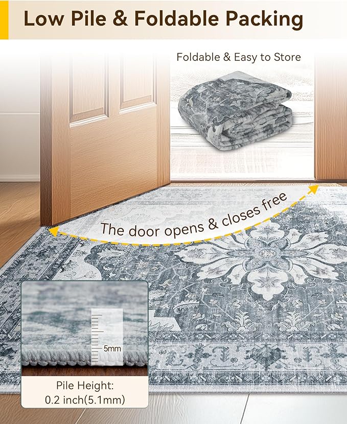 Area Rugs 2'x10' Runner Rug Non Slip Washable for Kitchen Hallway Bedroom Beside Laundry Room Bathroom Rug, Floor Carpet, Light Gray Grey White