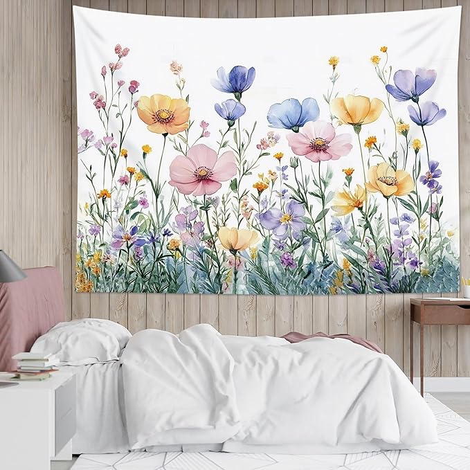 LB Rustic Floral Tapestry Wall Hanging Pink Purple Floral Green Plant Tapestry Aesthetic Wildflower Botanical Tapestries for Bedroom Living Room College Dorm Wall Decor,59Wx51H inches