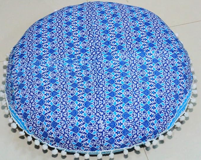 CRAFT KALA Round Mandala Boho Pillow Cover Meditation India Room Seating Poufs Cover for Living Room Yoga Room Home Décor Bedroom Balcony Garden Decoration Cotton Floor Cushion Cover (32", Blue Ombre)