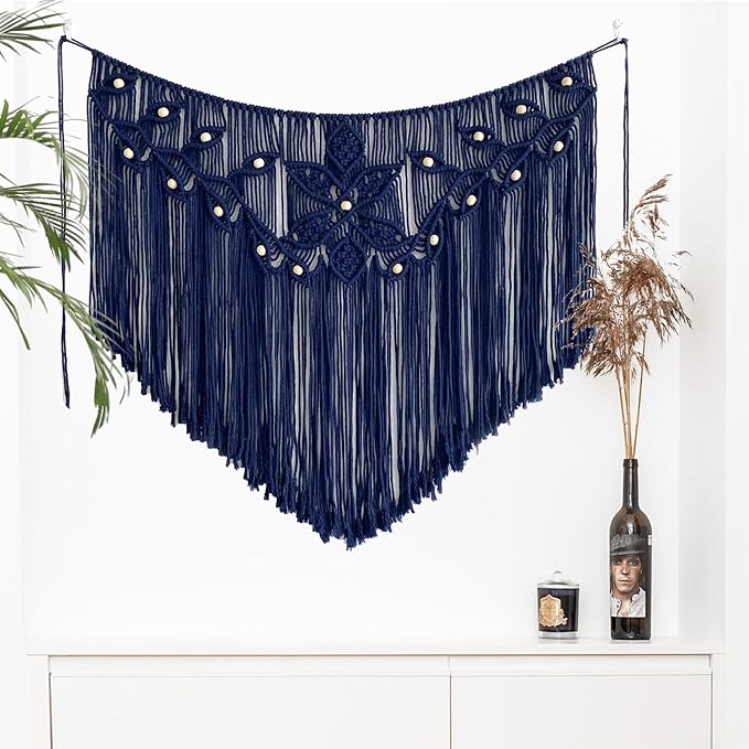 Youngeast Home Decor Leaf Shape Macrame Wall Hanging Woven Tapestry Bedroom Curtain Fringe Garland Banner Living Room Wall Decor Navy 39X31 inches