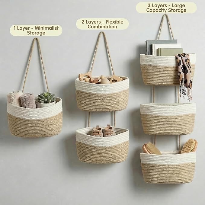 3-Tier Cotton Rope Wall Hanging Storage Baskets, Woven Over The Door Hanging Organizer for Bathroom Bedroom Living Room Nursery, Boho Hanging Shelves for Towels Toys Cosmetics (Beige & White)