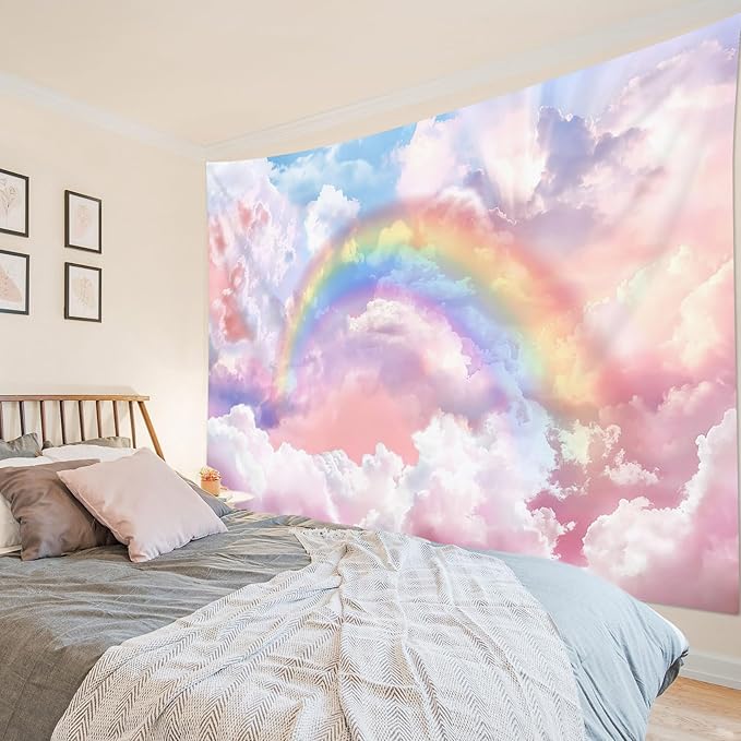 HVEST Rainbow Cloud Tapestry Wall Hanging, Rainbow and Pink Cloud Pastel Wall Decor, Aesthetic Nature Landscape Tapestry for Living Room Bedroom Aesthetic Decor, 59x51 Inches