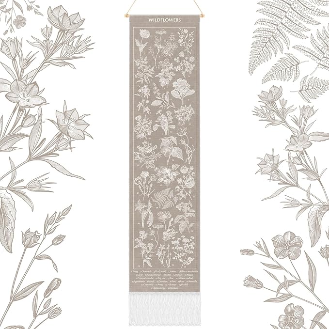 Geetery Vintage Floral Vertical Tapestry Wall Hanging Decor Long Flower Narrow Botanical Fabric Wall Art Hanging Reference Illustrative Tassel Tapestry for Bedroom Living Room Home Decor Gift(Tan)