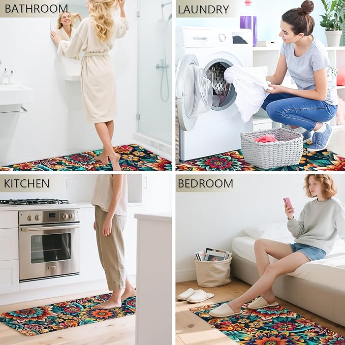Flower Rugs for Kitchen Floor, 2PCS Anti Fatigue BohoFloral Kitchen Rugs Mats for Floor Rubber Non Slip, Washable Cushioned Colorful Flower Carpet Rug for Sink Laundry 15.7"×27.5" +15.7"×47" 3.5mm