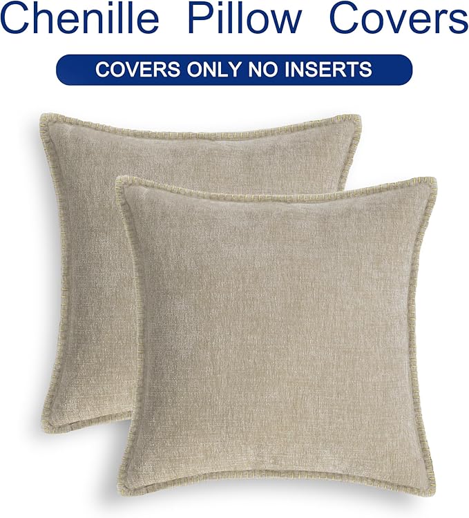 CaliTime Throw Pillow Covers Decorative 24 X 24 Inches Pack of 2 Cotton Thread Stitching Edges Solid Dyed Soft Chenille Cushion Cases for Couch Sofa Bed Living Room Farmhouse Light Taupe