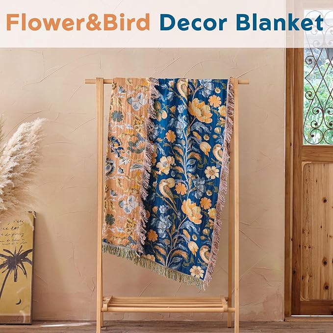 Boho Throw Blanket 60"x80" 100% Cotton Floral Twin Size Bed Blanket with Flower Bird,Reversible Soft Breathable Lightweight Spring Decorative Blankets with Fringe for Couch Sofa Decor All Season