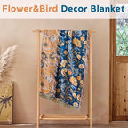 Boho Throw Blanket 60"x80" 100% Cotton Floral Twin Size Bed Blanket with Flower Bird,Reversible Soft Breathable Lightweight Spring Decorative Blankets with Fringe for Couch Sofa Decor All Season