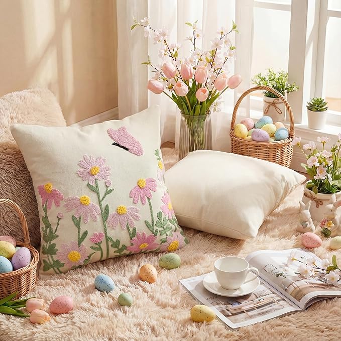 AVOIN colorlife Easter Spring Floral Embroidered Throw Pillow Covers, 18 x 18 Inch Butterfly Flowers Tufted Patterned Linen Decoration Cushion Case for Sofa Couch Set of 2