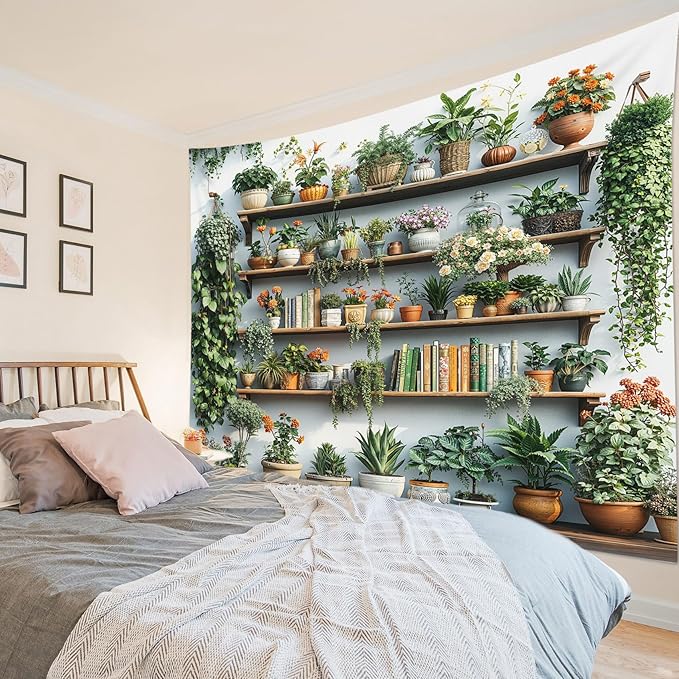 EOBTAIN Green Plant Wall Tapestry Cactus and Floral Potting on Bookshelf Tapestries Wall Hanging Botanical and Reading Home Wall Decor for Bedroom Living Room College Dorm 92x70 Inch