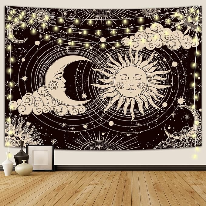 Wonrizon Sun and Moon Tapestry, Aesthetic Black Dark Spiritual Tapestries Mystic Burning Sun with Clouds Star Wall Hanging decor for Bedroom (59.1" x 59.1")