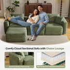 VINGLI 112.2“ Convertible Corduroy Cloud Sectional Couches with Movable Ottoman, L-Shaped Boneless Couches for Living Room with Deep Seat, 3 Seater Modular Spineless Sofa, No Assembly Required, Green