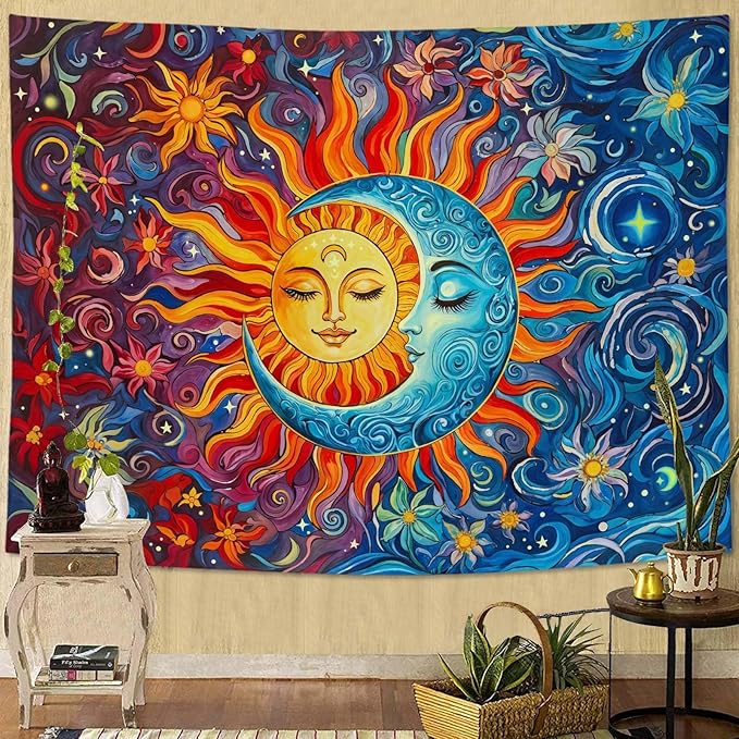 Sun and Moon Tapestry Boho Hippie Orange Red Blue Floral Tapestry for Bedroom Aesthetic Abstract Plant Flowers Stars Small Tapestries Wall Hanging for Living Room Dorm 60 x 44 Inch