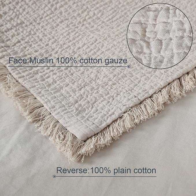 YINFUNG Quilted Euro Shams Set of 2 Natural Beige Linen Muslin Cotton Farmhouse Neutral 26×26 European Pillow Cover Oatmeal Tassel Fringe Boho Decorative Textured Gauze Suqare for Bed Sofa Light Brown
