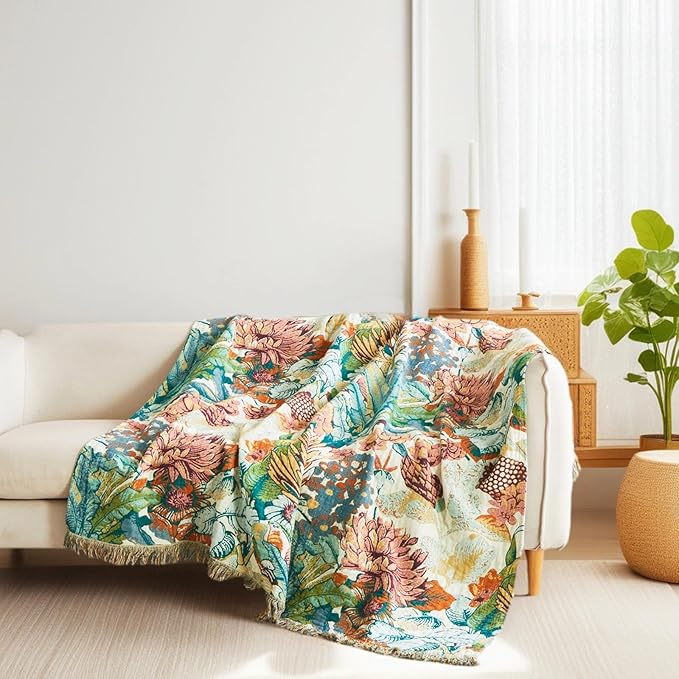 Boho Throw Blanket for Couch Sofa Chair Cotton Spring Blankets for Bedroom Living Room All Season Soft Lightweight Reversible Botanical Floral Embroidery Decorative Throws 50"x60" Home Decor