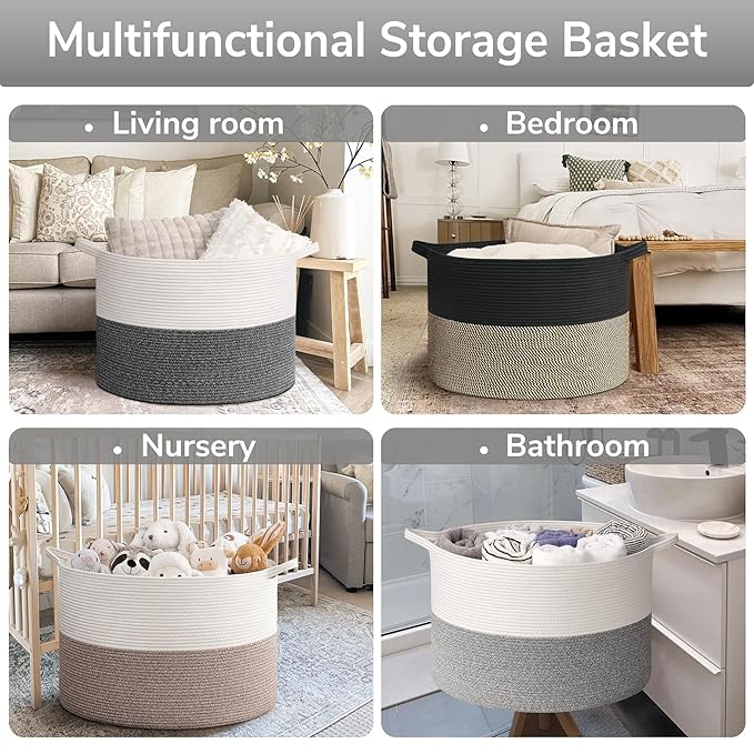 Goodpick 115L Extra Large Blanket Basket, Soft Cotton Rope Storage Basket for Organizing, Home Decor, Toys, Toy Storage Organizer for Living Room & Nursery, Grey