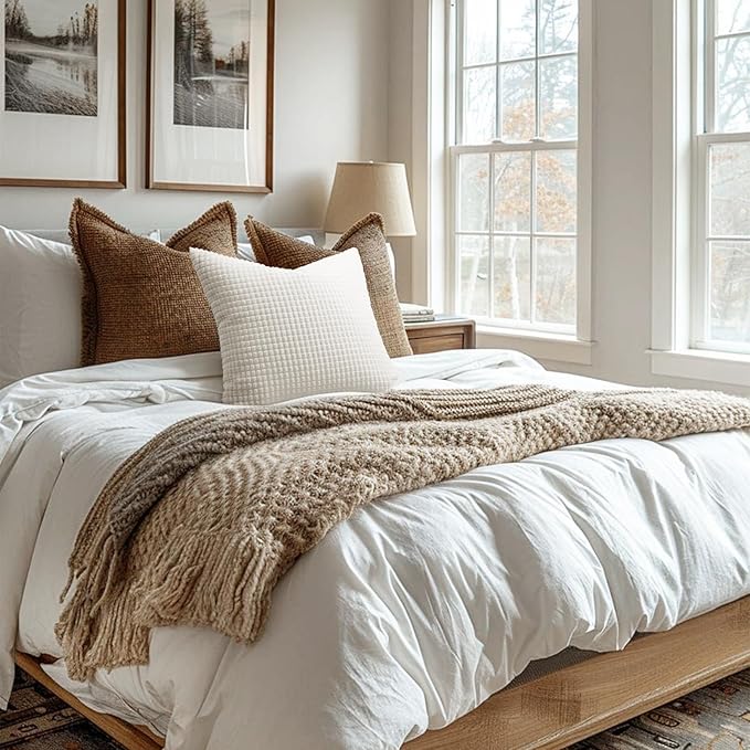 Softalker Throw Pillow Covers 20x20 Inch, Set of 2, Soft Corduroy Boho Stripe Decorative Pillow Cover, Couch Fluffy Pillow Cover for Farmhouse Home Decor Bed Living Room, Cream