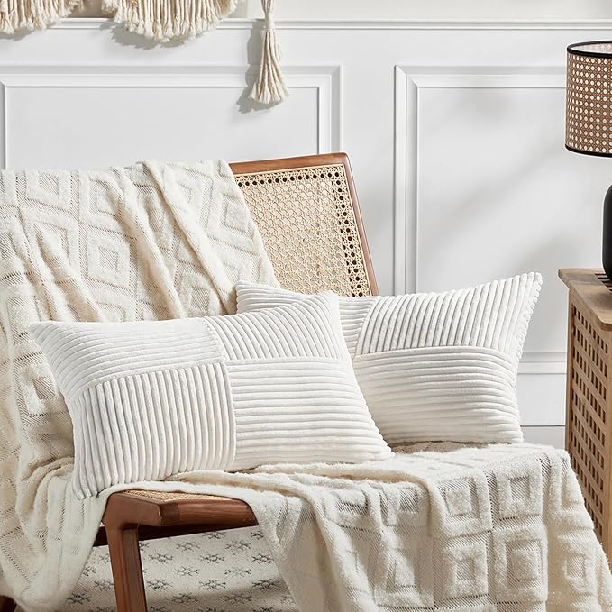 Fancy Homi 2 Packs Cream White Lumbar Decorative Throw Pillow Covers 14x22 Inch for Living Room Couch Bed Sofa, Rustic Farmhouse Boho Home Decor, Soft Striped Corduroy Rectangle Accent Cushion Case