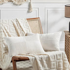 Fancy Homi 2 Packs Cream White Lumbar Decorative Throw Pillow Covers 14x22 Inch for Living Room Couch Bed Sofa, Rustic Farmhouse Boho Home Decor, Soft Striped Corduroy Rectangle Accent Cushion Case