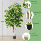 Artificial Ficus Tree, 6ft Tall Fake Ficus Tree with Basket, Faux Plant for Indoor Outdoor Home Livingroom Office Garden Porch Décor