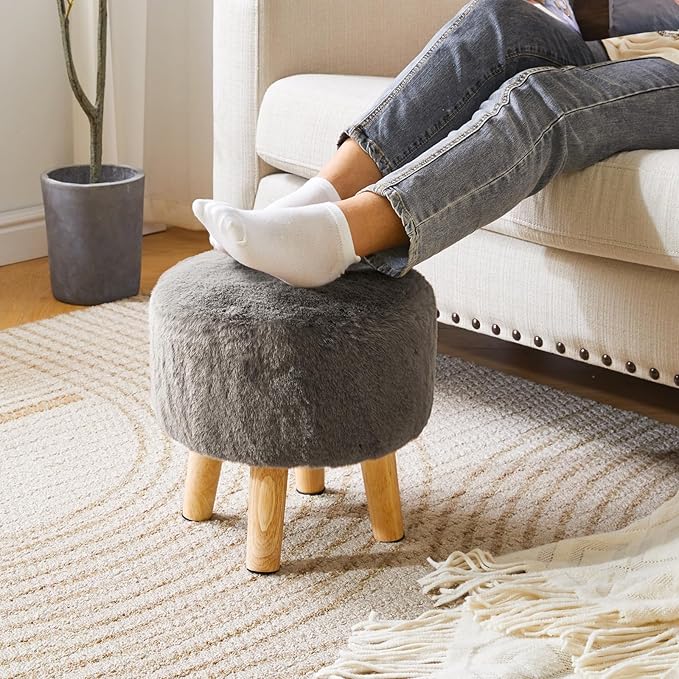 YMYNY Round Pouf Ottoman Small Foot Stool Faux Fur Foot Rest for Couch Modern Boho Footstools with Wood Legs for for Living Room Bedroom Office 12.6" D×12.6" W×12.6" H Dark Gray UHBD035GR