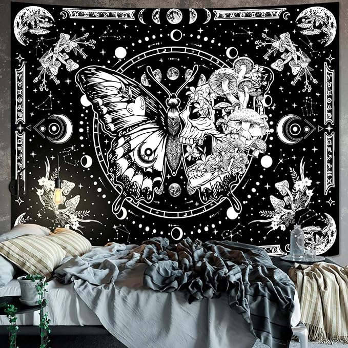 Skeleton Butterfly Tapestry Black and White Skull Mushroom Plants Tapestries Hippie Aesthetic Tapestry Wall Hanging for Bedroom Living Room Dorm (Black, 48” x 36”)
