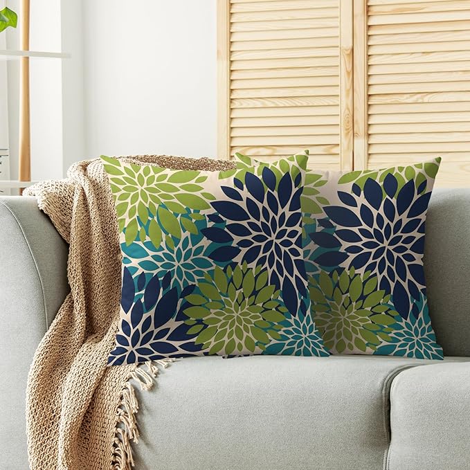 Navy Blue Green Teal Pillow Covers 22X22 Inch Set of 2, Modern Dahlia Floral Print Decorative Throw Pillow Covers Outdoor Farmhouse Cushion Case for Home Couch Sofa Bed Decoration
