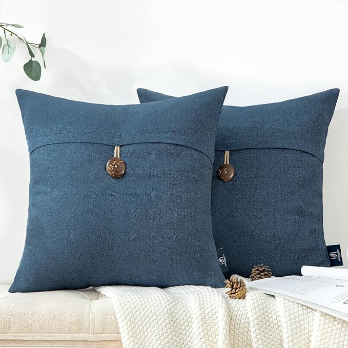 Phantoscope Pack of 2 Farmhouse Throw Pillow Covers Button Vintage Linen Decorative Pillow Cases for Couch Bed and Chair Navy Blue 18 x 18 inches 45 x 45 cm