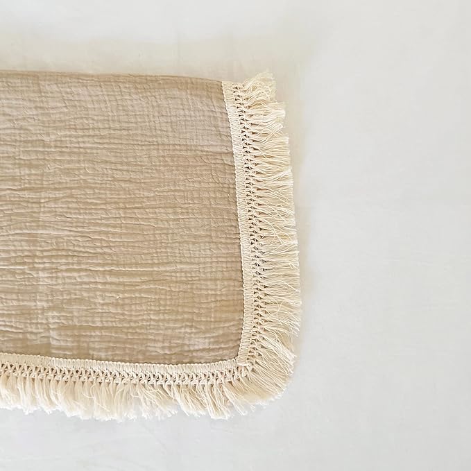 Muslin Cotton Baby Receiving Blanket with Fringe, Boho Bohemian Tassels, Nursery Decor, Boy or Girl Unisex Swaddle Wrap, Use as Throw or Nursing Fringed Blankets (Tan)