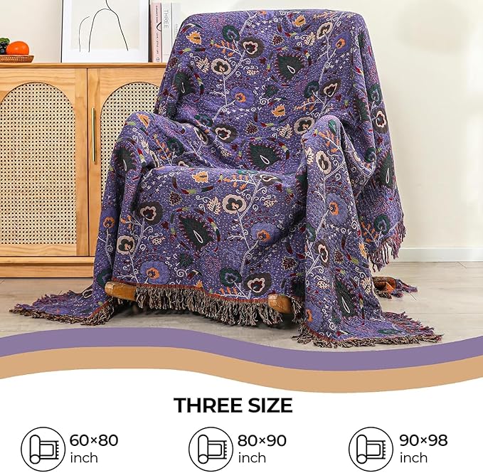 Boho Fall Throw Blanket for Bed Purple Flowers，100% Ultra Cotton Soft Breathable Bed Throw Floral Printed Farmhouse Decor Rustic Bed Throws for Couch Sofa Quilt 80" x 90"