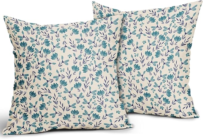 Navy Blue Teal Floral Pillow Covers 20x20 Set of 2 Vintage Rustic Old Style Cute Small Flower Print Decorative Outdoor Pillowcases Farmhouse Throw Cushion Case Decor for Couch Sofa Bed