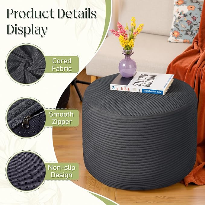Round Corduroy Ottoman Foot Rest Pouf for Living Room Couch - Soft Plush Shredded Foam Filled Hassock Stool, Comfy Footstool