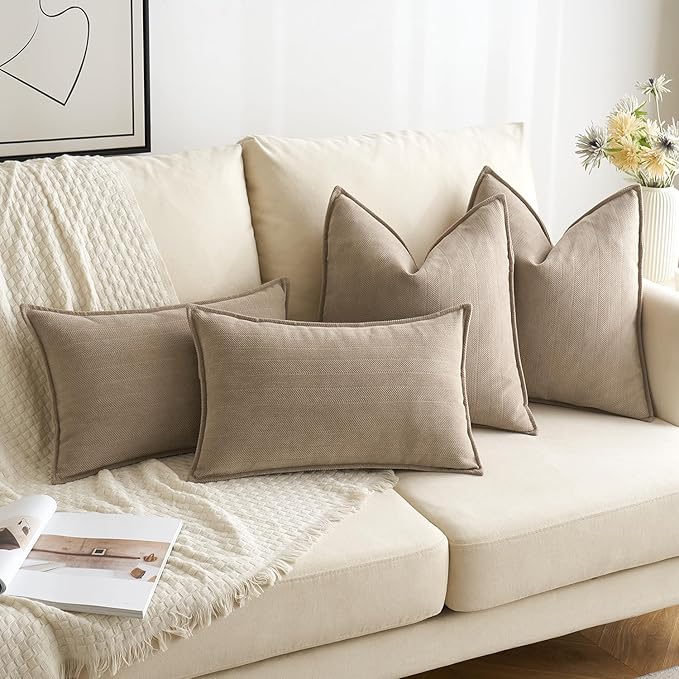 MIULEE Pack of 2 Khaki Decorative Pillow Covers 18x18 Inch Soft Chenille Luxurious Couch Throw Pillows Farmhouse Cushion Covers with Elegant Design for Sofa Bedroom Living Room Home Decor