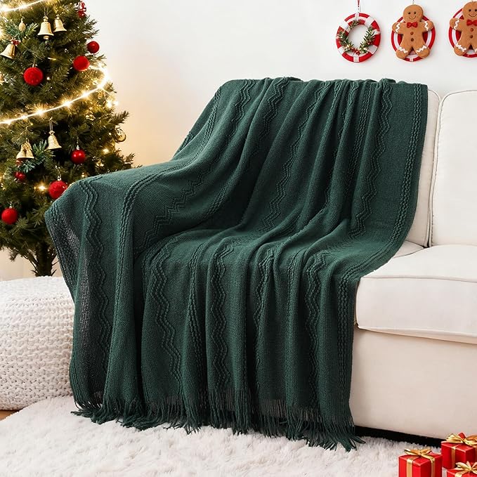 BATTILO HOME Christmas Décor Green Throw Blanket with Fringe, Geometric Bed Throws Dark Green Throws Decorative Throw Blanket for Couch, 50"x60"