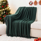 BATTILO HOME Christmas Décor Green Throw Blanket with Fringe, Geometric Bed Throws Dark Green Throws Decorative Throw Blanket for Couch, 50"x60"