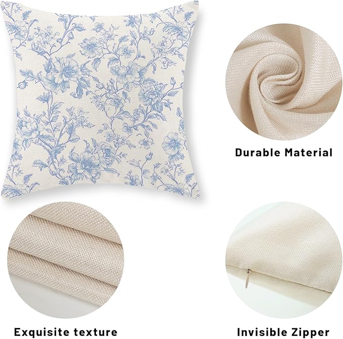 Baby Blue Pillow Covers 18x18 Set of 2 Blue and Cream Floral Chinoiserie Throw Pillows Vintage Rustic Toile Flower Decorative Pillowcase Outdoor Chinoiserie Decor Cushion Case for Couch Sofa