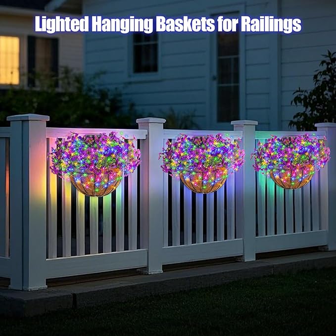 GOESWELL Wall Hanging Basket with Artificial Flowers: Fake Plants Basket with RGB String Lights for Fall Outdoor Decor - Solar Flowers Baskets with Faux Silk Flower for Front Porch Patio Garden Decor